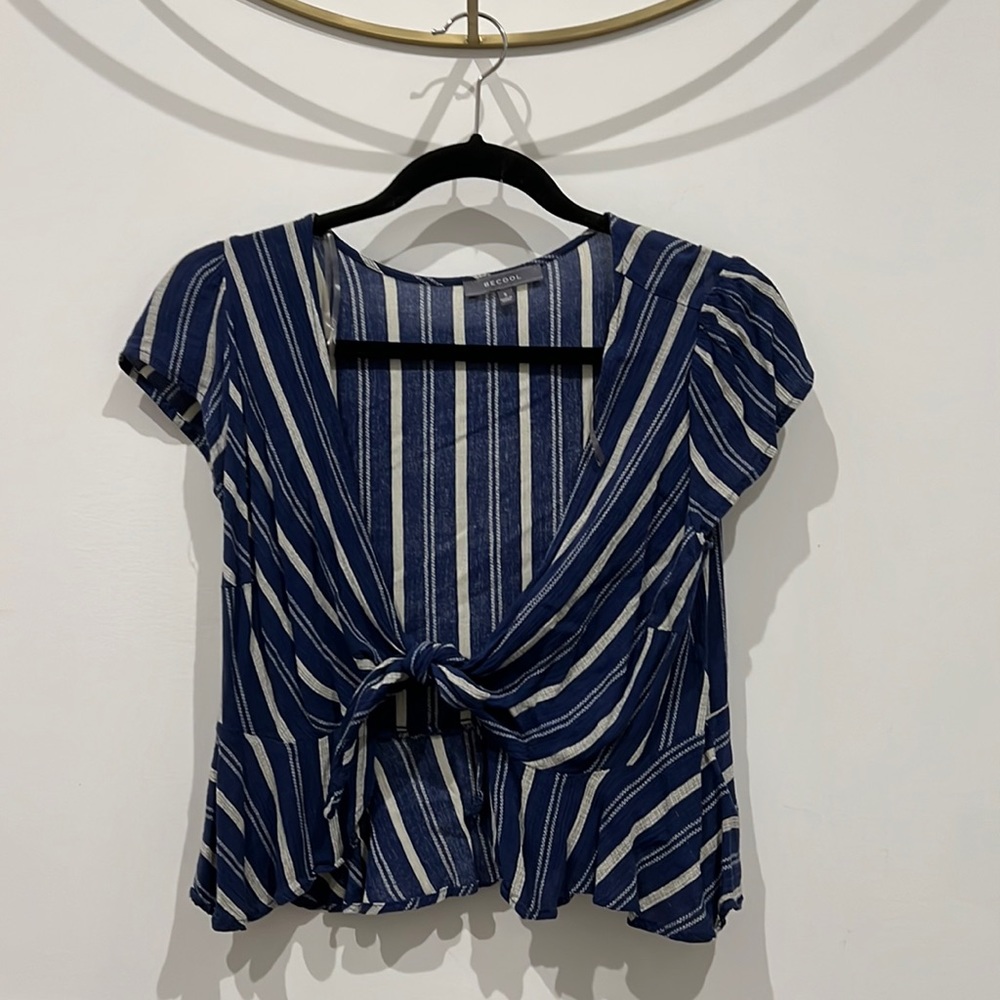 Blue white striped tie front crop top
